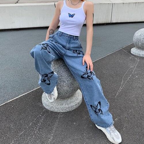2020 New Summer Vintage Jeans Woman Long Trousers Cowboy Female Loose Streetwear Butterfly Print Pants