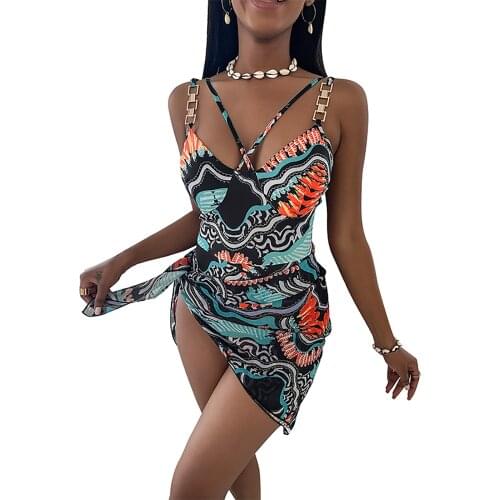Womens Printed 2Pcs Swimsuit Set Deep V-neck Cross Bandage Slimming Sling Swimwear with Scarf
