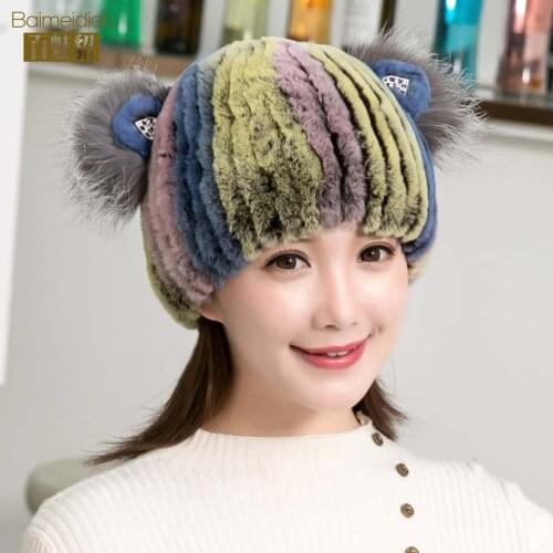 Winter Rex Rabbit fur Cute Cat Ears Cap With Sequins Warm Winter For Women Real Natural Rabbit Fur Vertical Weaving Winter Hat