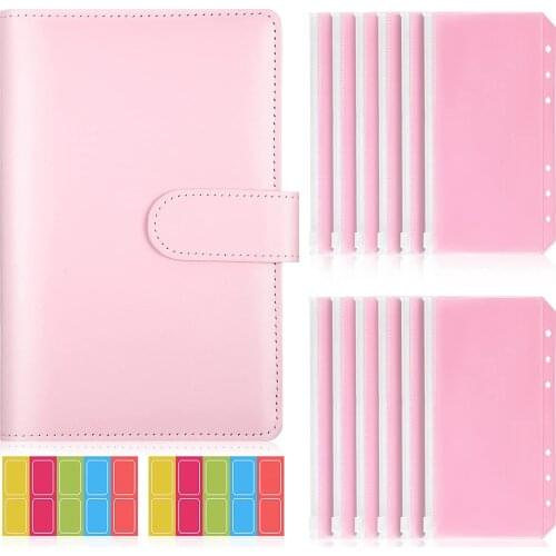 15 Pieces A6 Binder Budget System PU Leather Notebook Refillable Planner Binder with 12 Pieces 6 Ring Binder Pockets and Labels