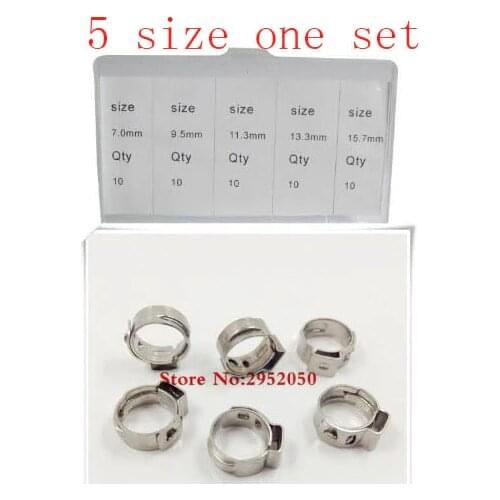 Free shipping Pipe Clamp High Quality 50 PCS Stainless Steel 304 Single Ear Hose Clamps Assortment Kit Single