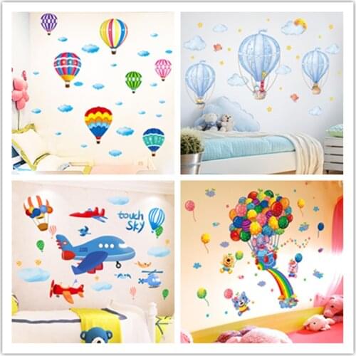 [shijuekongjian] Colorful Hot Air Balloon Wall Stickers DIY Cartoon Wall Decals for Kids Rooms Living Room Shop Glass Decoration