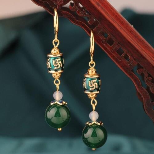 Ethnic Fashion Classic vintage Cloisonne green earrings drop earring Simple Chinas wind earrings for women Jewelry