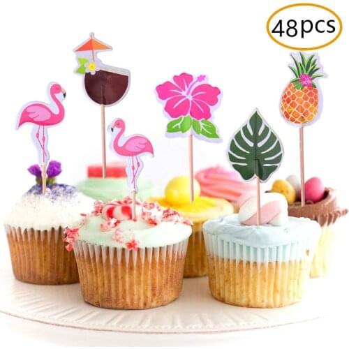 METABLE 48-Pack Cupcake Toppers for Hawaiian Luau Summer Flamingo Birthday Parties Cake Food Decoration Supplies