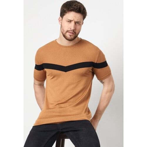 Mens Slim Fit Cotton T-shirt Tan Attractive Modern Fashion Black STRIPE