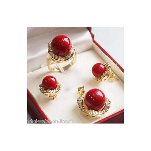 Wholesale wonderful 10mm &14mm Coral Red South sea Shell Pearl Earrings Ring Necklace Pendant Set Crystal Women Wedding