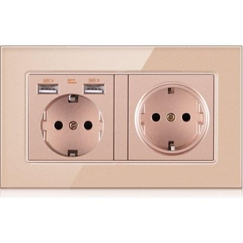 FRON 146*86 German Standard Crystal Tempered Glass Usb 5V 2100mA Enchufe Wall Power Socket Prise Outlet Sockets 250V 16A