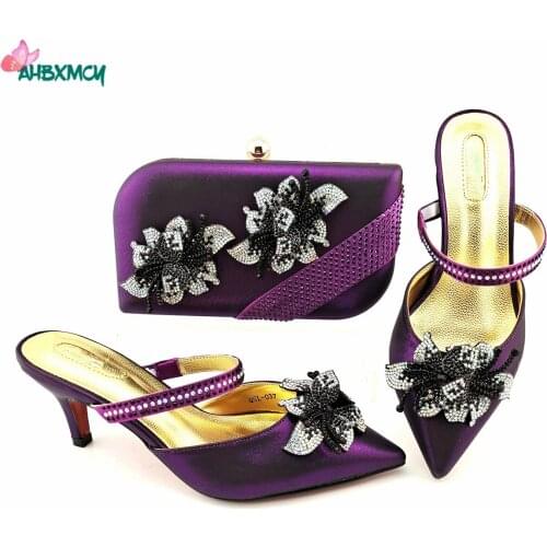 2022 New Arrivals Spring Nigerian Women Shoes and Bag to Match in Purple Color Pointed Toe Pumps for Wedding Party