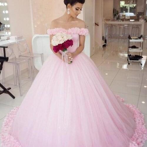 Stunning flower dressy pink princess long off the shoulder tulle sseetheart wedding dresses ball gowns with lace up back