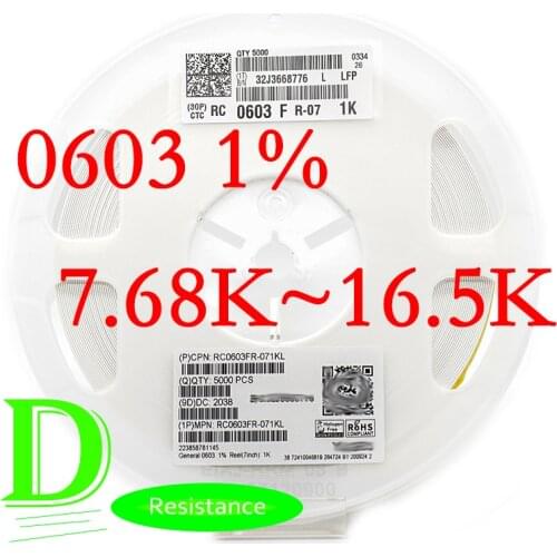 100PCS SMD Resistor RC Series 0603 1% Original RC0603FR-07 Series 7.68K-16.5K All resistors 8.2K 9.1K 10K 11K 12K 13K 15K 16K