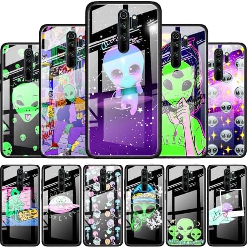 Cartoon Space Alien for Xiaomi Redmi K40 K30 K20 Pro Plus 9C 9A 9 8A 7 Luxury Shell Tempered Glass Phone Case Cover