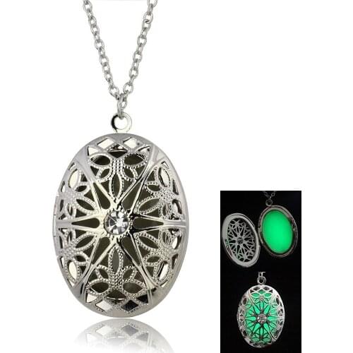 Blue Green Oval Open with white crystal Luminous Pendant Necklace Fluorescent Hollow cheap hollow Glow In The Dark For Women