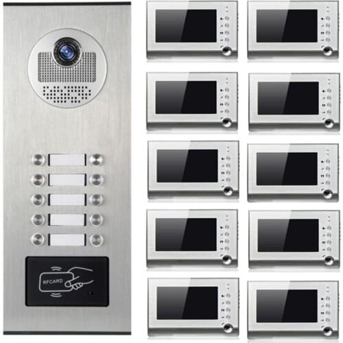 Ten 7 inch Monitors Multi Apartments Building Intercom System 2019 New Video Door Phone Support 32G TF Card and RFID Unlock D389