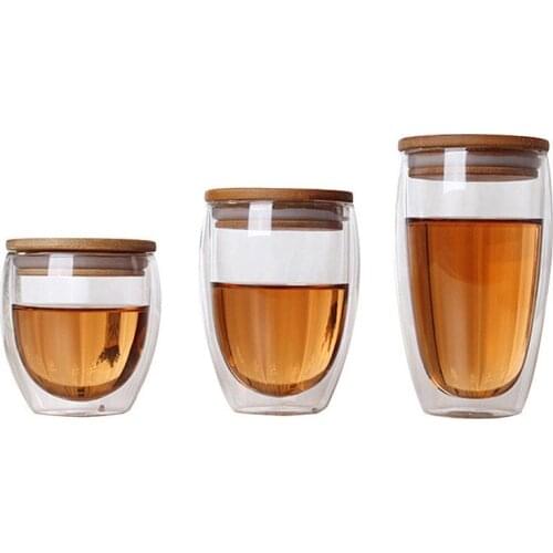 Double Wall Glass Teacup Transparent Insulation Coffee Mug Office Water Cup With Bamboo Lid Creative Beer Wine Mug Drinkware