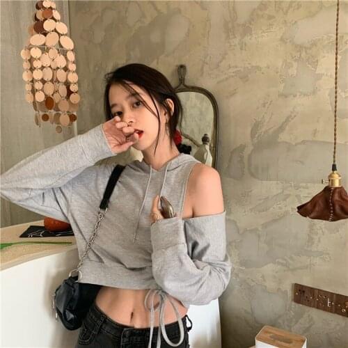 Sweatshirts Women Thin Pullover Loose Crop Top Off Shoulder Hooded Autumn Casual Grey Fashion Korean Female Clothing Hoodies
