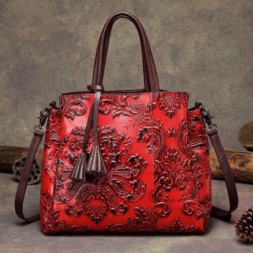 Vintage Leather Women Bag Origional National Style Embossed Female Leather Bags Fashion Atmosphere Handbag Big Bags