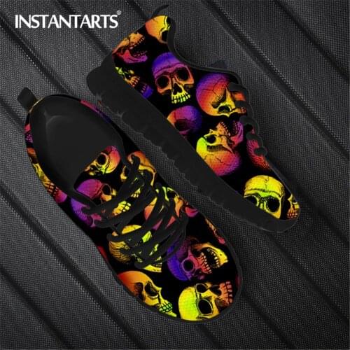 INSTANTARTS Vintage Gradient Skull Pattern Women Casual Sneaker Lightweight Lace up Flat Shoes for Ladies Soft Footwear 2021