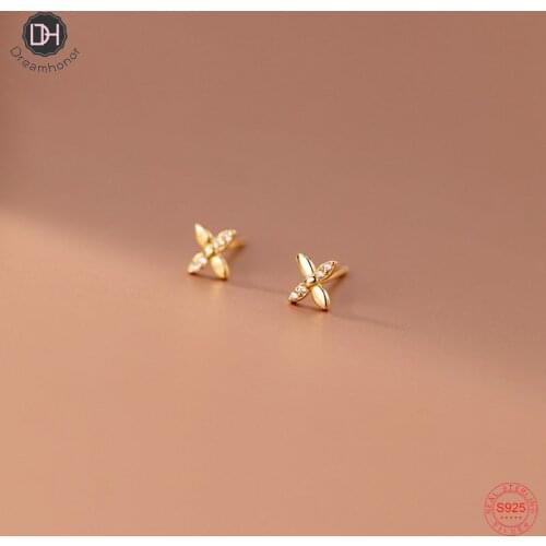 Dreamhonor Korean Design Mini Cubic Zircon 925 Sterling Silver Flower Stud Earrings For Women Wedding Jewelry