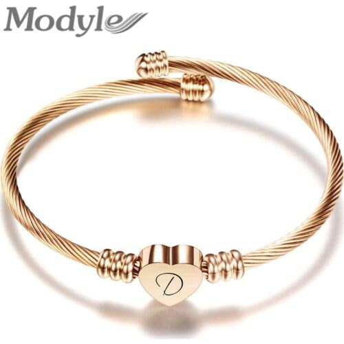 Modyle New Fashion High Quality Rose Gold Color Stainless Steel Heart Bracelet Bangle Fashion Letter Charms Bangle For Women