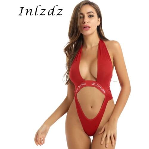 Womens Semi-sheer Lingerie Bodysuit Halter Neck Crossed Front Backless Cut Out Waist Crotchless Leotard Thong Bodysuit Nightwear