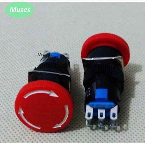 2pcs/lot 16mm Mounting 2NO 2NC SPST Mushroom Emergency Stop Push Button Switch