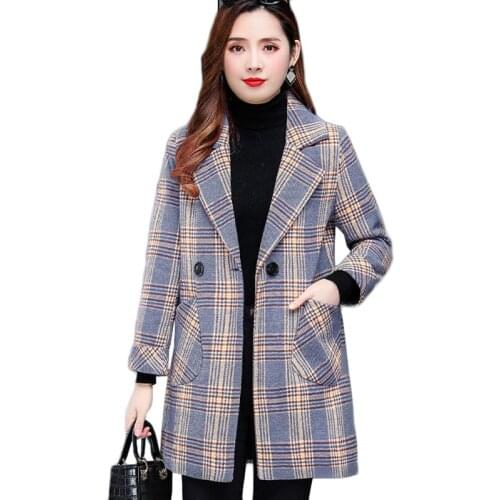 2021 New Womens Woolen Blazer Spring Long Woolen Coat Autumn Winter Grid Woolen Coats Plus Size Casual Suit Outerwear 5XL 90KG