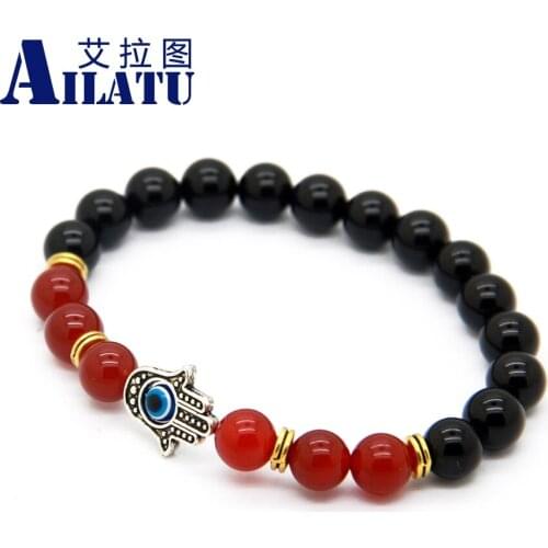 Ailatu Hamsa Bracelet New Design 8mm Bead Black and Red Stone Beads Jewelry Party Gift