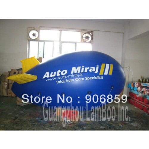 DHL FREE Shipping 4m Long Blue Inflatable Blimp & Airship with Yellow Wings/Text Printing on 2 Sides/ Customized Colors & texts