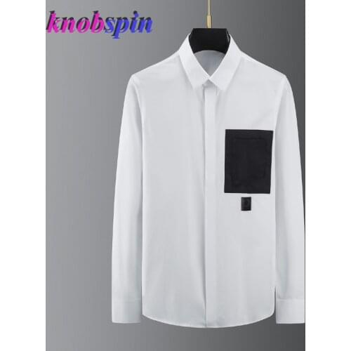 Black And White Splicing Pocket Men Shirt Solid color long sleeve Slim Business male Shirt 2021 100% Pure Cotton Dress Shirts