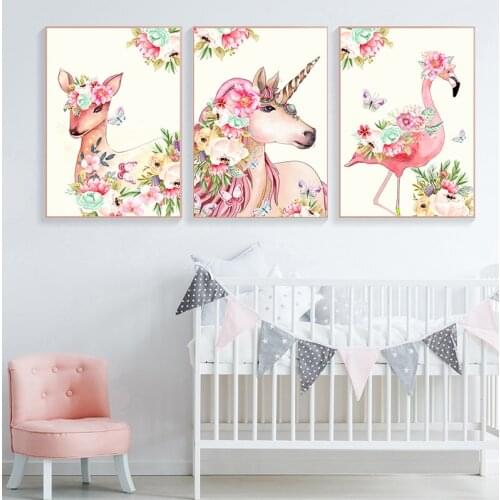 Flower Unicorn Flamingo Canvas Poster Wall Art Nursery Print Canvas Painting Nordic Decorative Picture Baby Bedroom Decoration