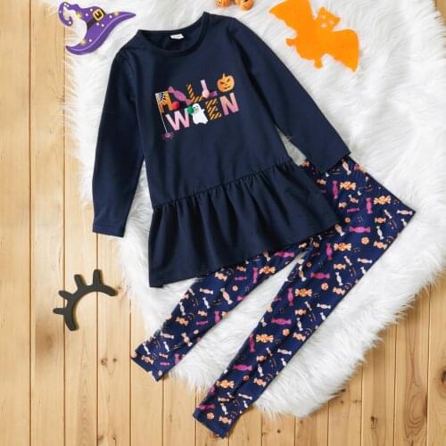 PatPat 2-piece Kid Girl Halloween Letter Print Long-sleeve Dress and Candy Print Leggings Set
