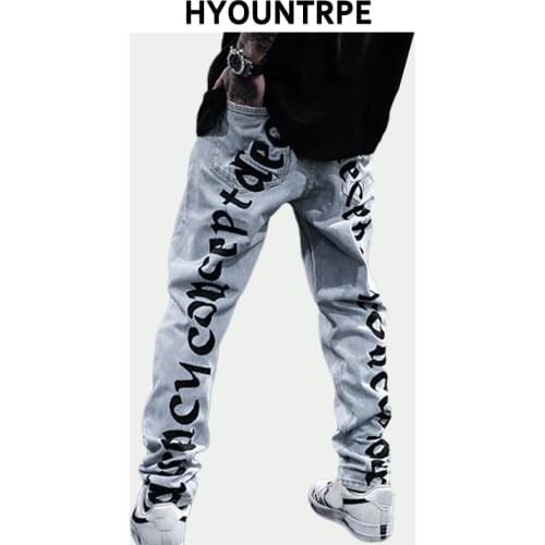Men Back Letter Embroidery Denim Jean Pants Fashion Slim Zipper Biker Jeans Trouser New Casual Hip Hop Streetwear Pants Joggers