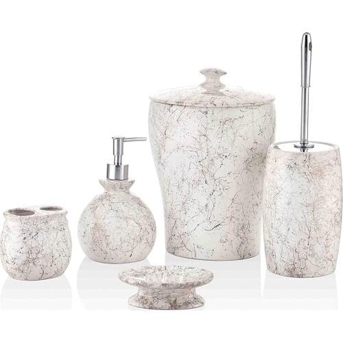 The Mia Ceramic Marble Pattern 5 Piece Bathroom Set White BNY0017