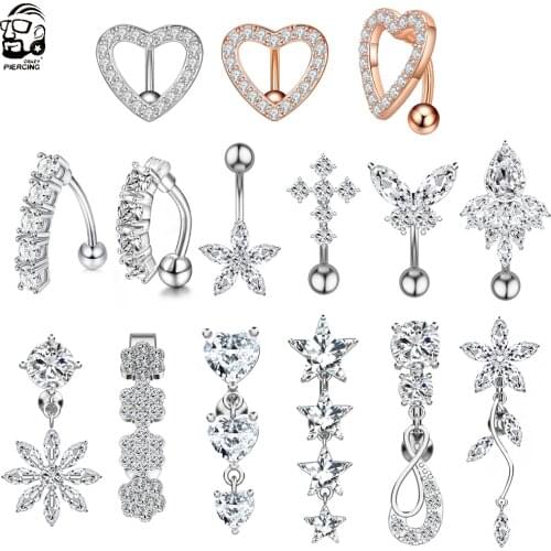 Reversed Bar Belly Button Rings Dangle Flower Star Navel Ring Surgical Steel Belly Piercing Jewelry Oreja Body CZ 14G Belly Ring