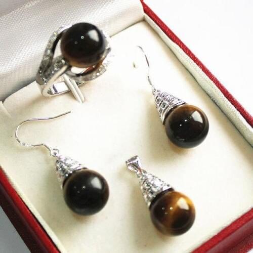 QW55 Set AAA 12mm Tigers Eye Pendant Necklace Earrings Ring Set C03^^^@NEW style Fine jewe Noble Natural Natural FREE SHIPPING