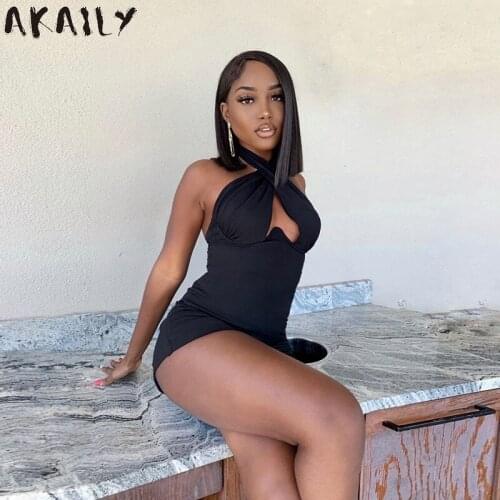 Akaily Summer Sexy Halter Hollow Out Backless Strapless Jumpsuit Women Streetwear Black Sleeveless Backless Women Romper 2021