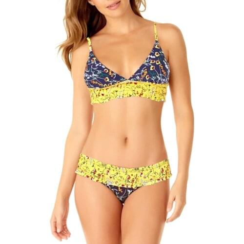 2020 Summer Womens Pleated Patchwork Ruffle Bikini Set Flower Printed Push Up Padded Bra High Waist Triangle Bathing Suit