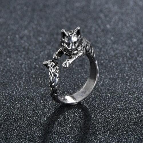 New Vintage Cute Cat Rings Women Jewelry Birthday Gift Trendy Open Size Big Tail Silvery Ring Girl Party Accessories