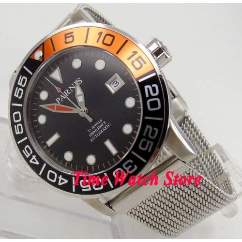 Parnis 42mm 10ATM Miyota 21 jewels Automatic mens watch waterproof black dial Luminous date window SS bracelet 829