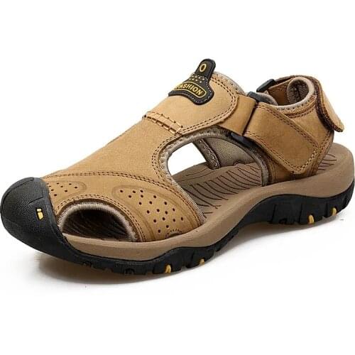 Summer Mens Sandals Leather Baotou Breathable Casual Shoes Hollow Anti Slip Soft Sandals Beach Shoes Clip Toe Slippers