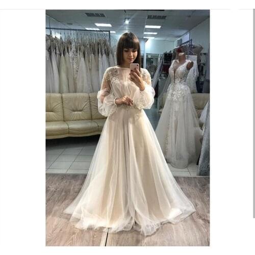 Wedding Dress 2021 A-Line Boho Rustic Long Sleeve Bridal Gowns Behomian Beach Floor Length Ivory 3D Flowers Robe De Soiree Cheap