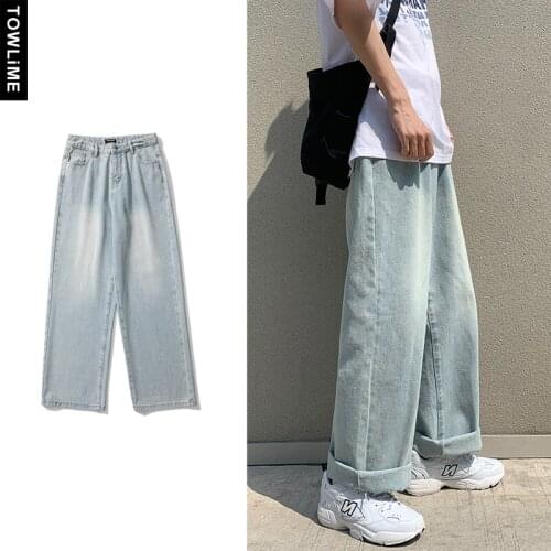 Harajuku Streetwear Mens Full-Length Denim Jean Pants Japan Style Fashion Male Wide Leg Casual Baggy Straight Jeans Trousers