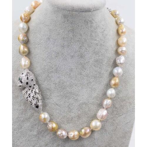 Wow! freshwater pearl reborn keshi pink purple round baroque necklace leopard pendant 19" nature FPPJ wholesale beads