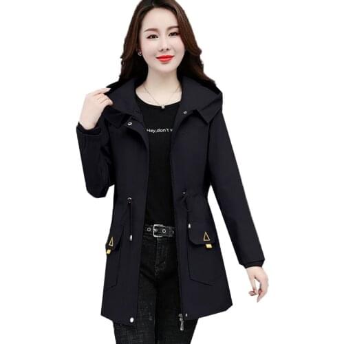 2021 Spring Autumn New Womens Windbreaker Mid-Length Hooded Zipper Female Trench Outerwear Slim Ladies Elegant Cardigan Jacket