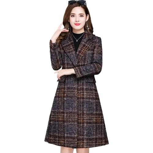 High quality Plaid suit woolen coat female medium long winter womens plus size new popular woolen coats thicker womens overcoat