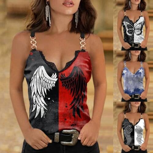 Summer Fashion Tank Top Butterfly Print Blouse Lady Camisole Elegant Lace V-neck Sleeveless Womens Clothing Tank Top 2021 New