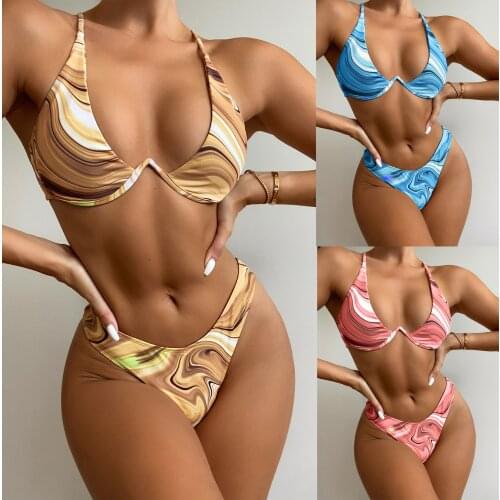 Woman Padded Underwired Bikini Colorfull vortex Printed Metal buckle Bra+ Underwear Swimsuit S-L 3Color LZ336