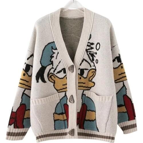 2021 Women Knitted Cardigans Sweater Fashion Autumn Long Sleeve Loose Cartoon Coat Casual Button Thick V Neck Solid Female Tops