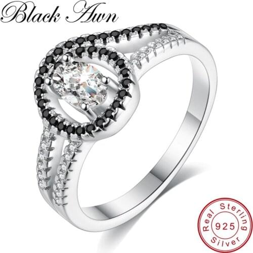 [BLACK AWN] Engagement Rings for Women 3.4g Ellipse 100% Pure 925 Sterling Silver Jewelry Black Spinel Classic Bague C226