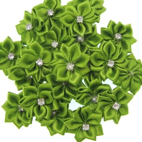 12pcs 1" Green satin ribbon flowers white rhinestone appliques artificial flowers for craft sewing wedding decoration 2.8cm
